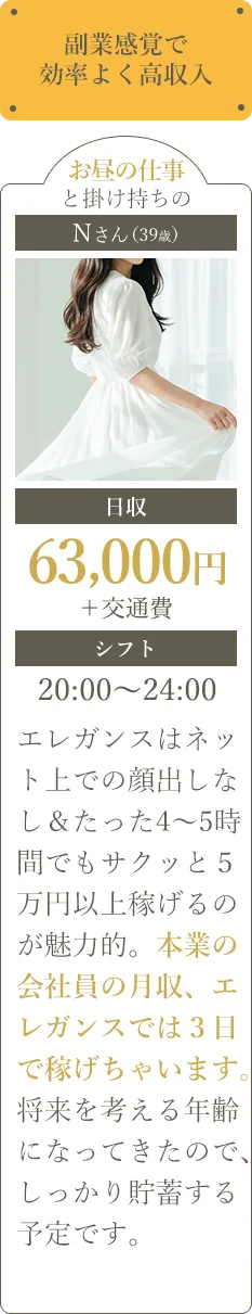 副業感覚で効率よく高収入！Nさん／日収63,000円＋交通費